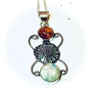 New S925 Sterling Silver Baltic Amber Moonstone Artisan Flower Handmade Necklace